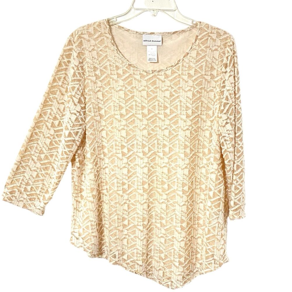 Alfred Dunner Womens Top M cream white Frayed Texture soft Pullover asymmetrical